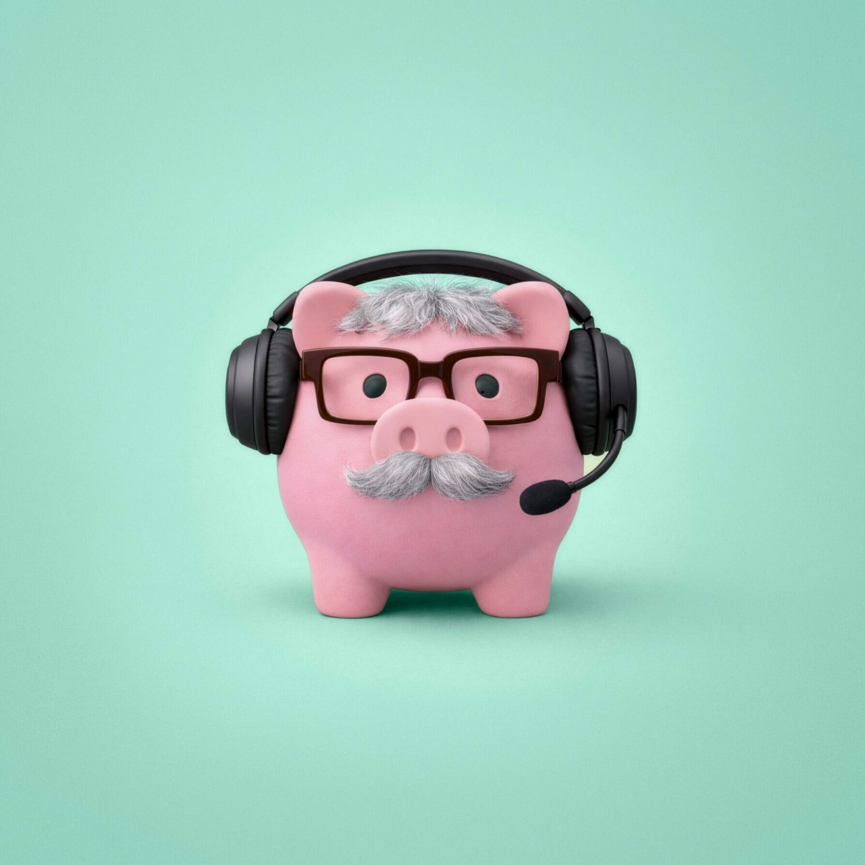 Older piggy bank with glasses and a headset