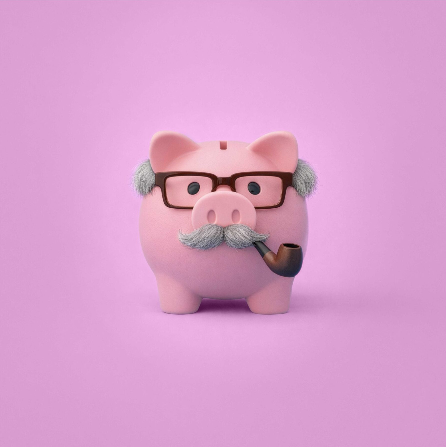 Distinguished piggy bank with glasses and a pipe