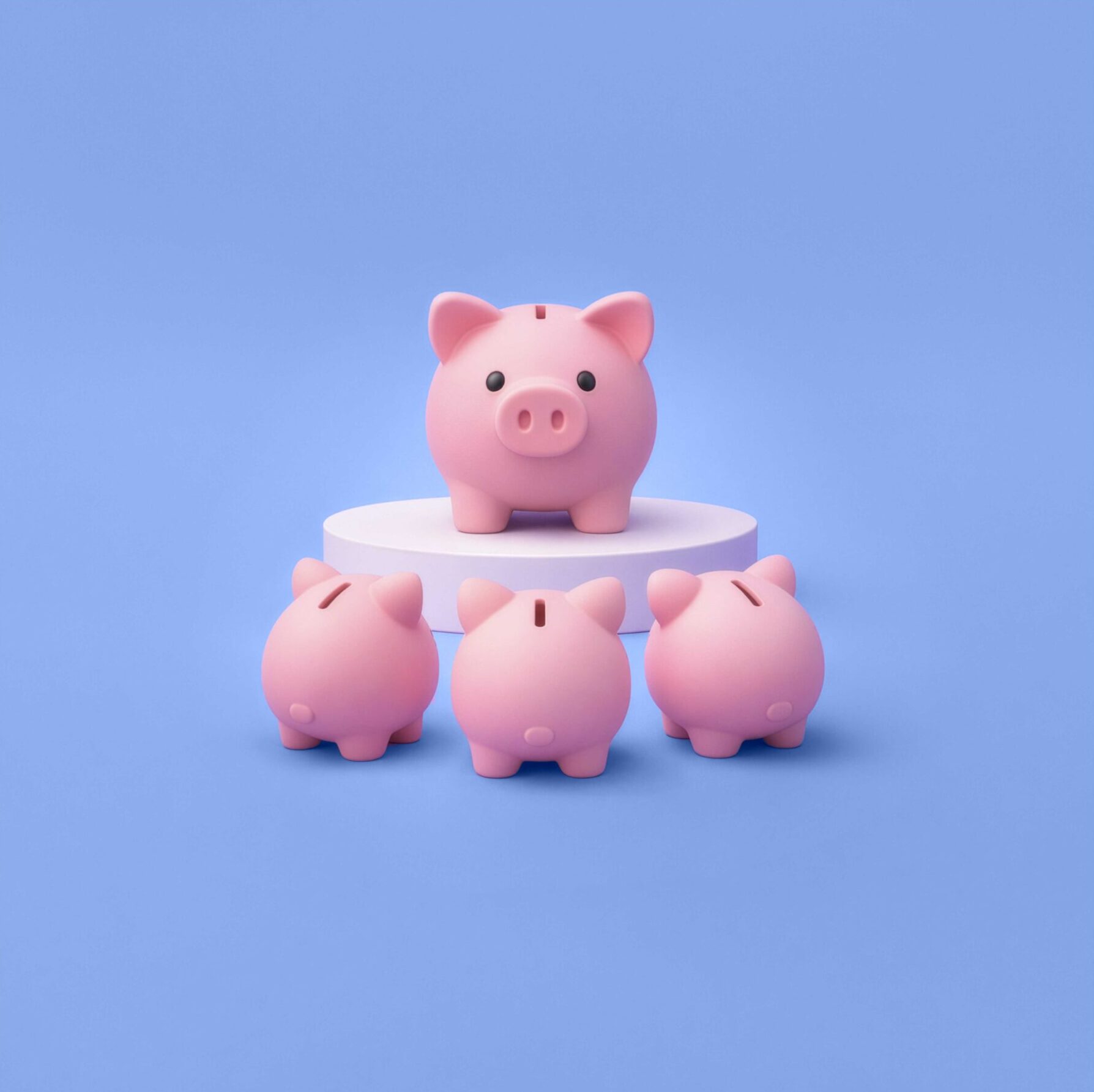 Large piggy bank on a podium with smaller ones below
